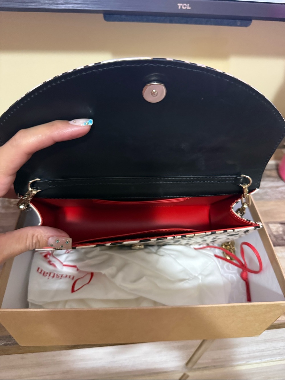 Christian Louboutin Leopard Print Satin Clutch in Pink and Black with Gold Chain - Picture 3 of 3